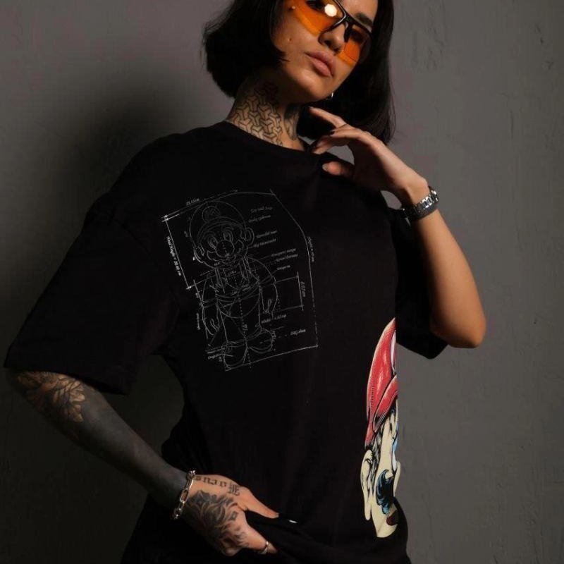 Kadın Mario Baskılı T-Shirt Oversize Kısa kol Bisiklet yaka tişort - Siyah